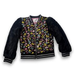 Rockets of Awesome Girls Sequin Leopard Bomber Jacket Faux Fur Sleeves Black 8